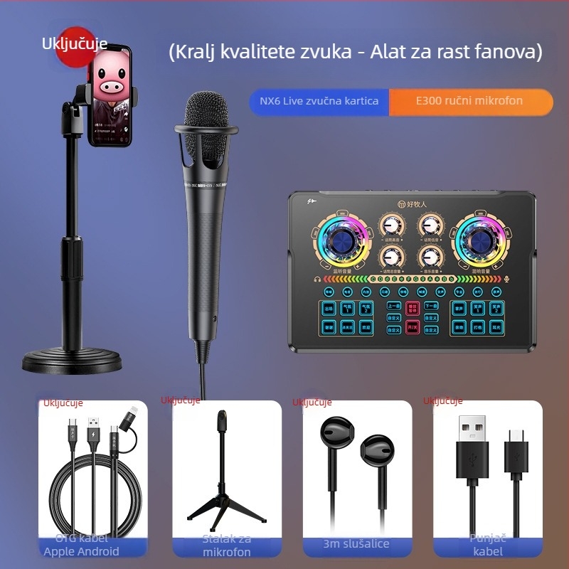 NX6 Komplet zvučne kartice za livestream s kardioidnim mikrofonom, 2-kanalni, SNR ≥70 dB, bez baterije, podržava bežičnu povezanost