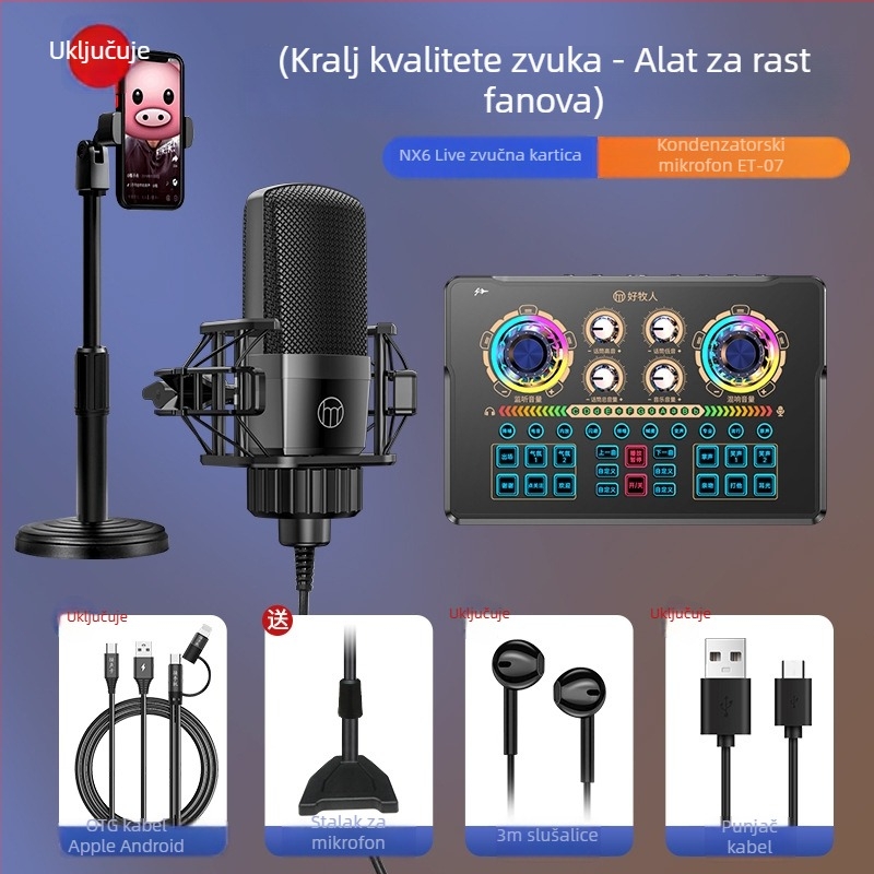 NX6 Komplet zvučne kartice za livestream s kardioidnim mikrofonom, 2-kanalni, SNR ≥70 dB, bez baterije, podržava bežičnu povezanost