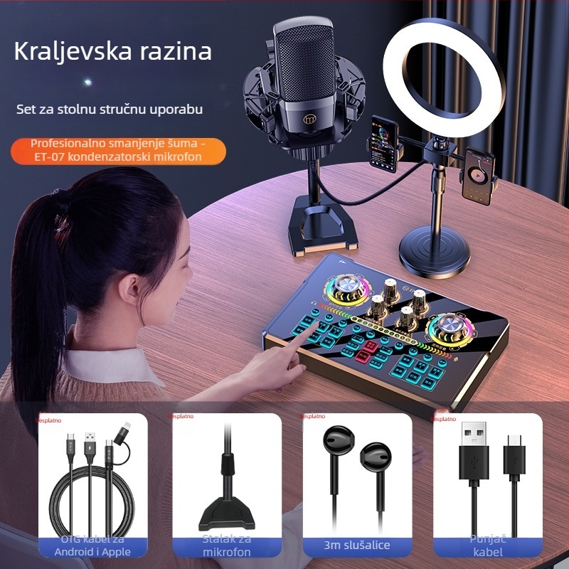 NX6 Komplet zvučne kartice za livestream s kardioidnim mikrofonom, 2-kanalni, SNR ≥70 dB, bez baterije, podržava bežičnu povezanost