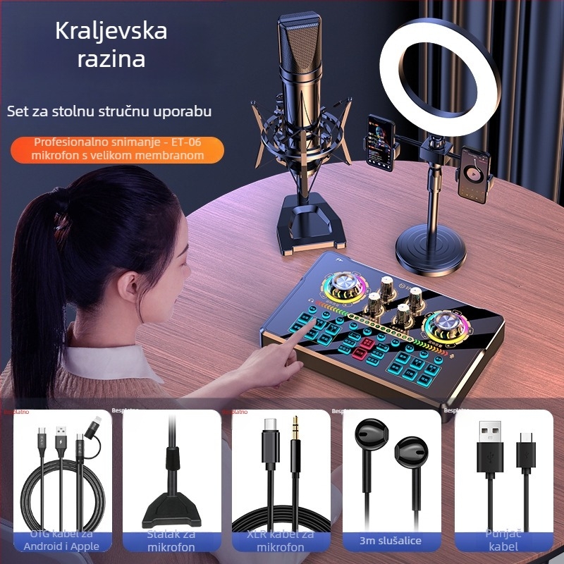 NX6 Komplet zvučne kartice za livestream s kardioidnim mikrofonom, 2-kanalni, SNR ≥70 dB, bez baterije, podržava bežičnu povezanost