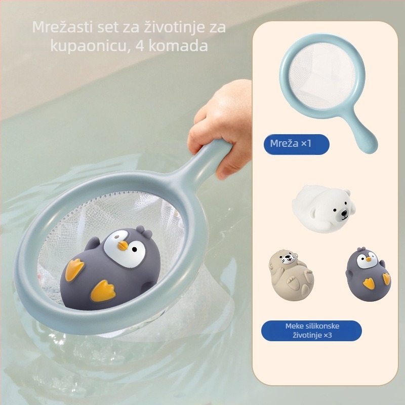 Kognitivna plivajuća igračka za kupanje s pingvinom - plastični set za vodu za djecu 0–3 godine, igračka s mrežicom za pecanje