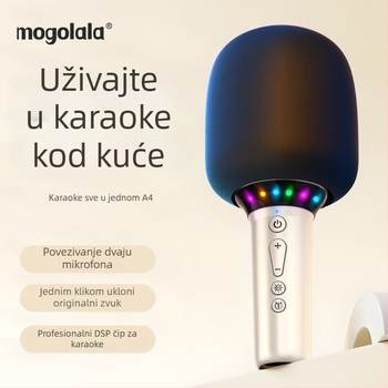 Jinyun A4 Sve-u-jednom karaoke mikrofon i zvučnik za kućnu upotrebu — dječji dinamički mikrofon, Bluetooth 5.3, ugrađena baterija 2000–4000 mAh, frekvencijski raspon 100 Hz–20 kHz, trajanje baterije 3–6 sati