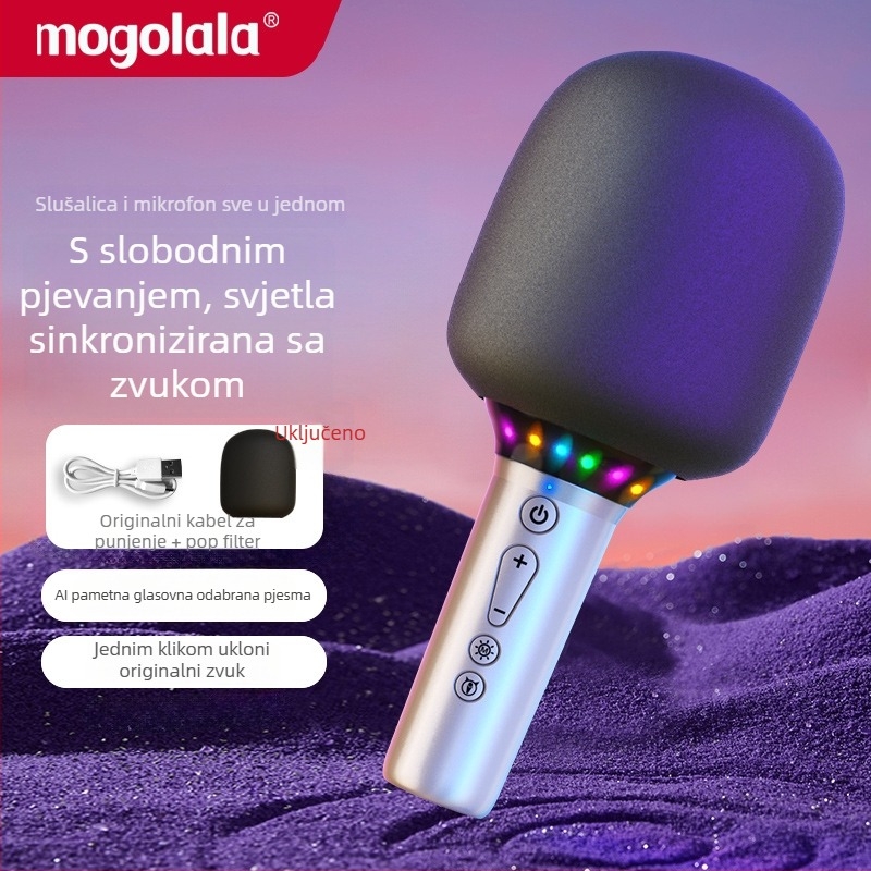 Jinyun A4 Sve-u-jednom karaoke mikrofon i zvučnik za kućnu upotrebu — dječji dinamički mikrofon, Bluetooth 5.3, ugrađena baterija 2000–4000 mAh, frekvencijski raspon 100 Hz–20 kHz, trajanje baterije 3–6 sati