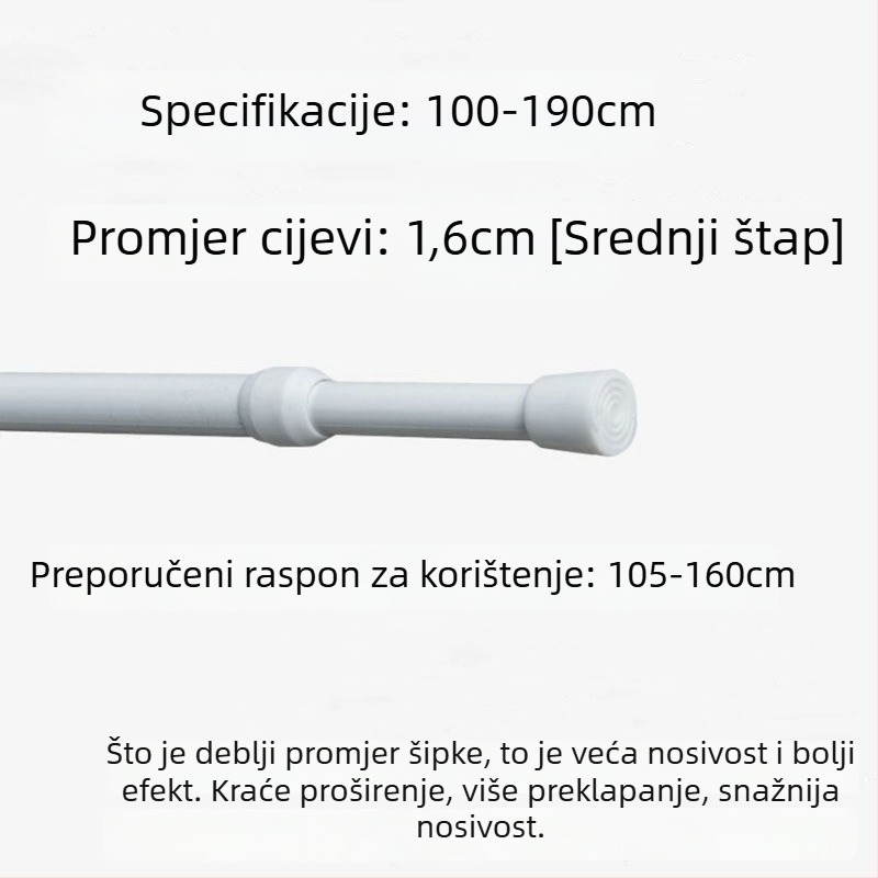Željezni teleskopski rod za zavjese – bez bušenja, prilagodljiv, višestruka upotreba za prozor, garderobu, vrata, balkon i kupaonicu
