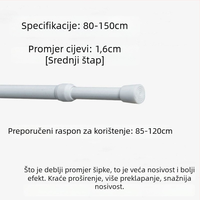 Željezni teleskopski rod za zavjese – bez bušenja, prilagodljiv, višestruka upotreba za prozor, garderobu, vrata, balkon i kupaonicu