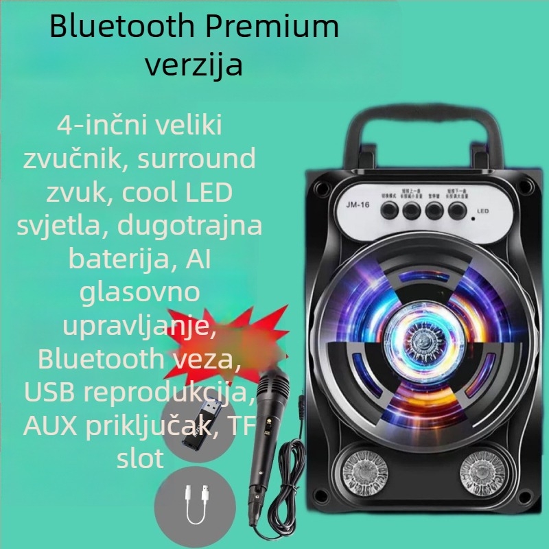 Karaoke Bluetooth zvučnik s mikrofonom, 8.000 pjesama, IPX7 vodootporan, raspon frekvencija 100 Hz–20 kHz, SNR ≥70 dB, bez ugrađene baterije, za vanjsku upotrebu