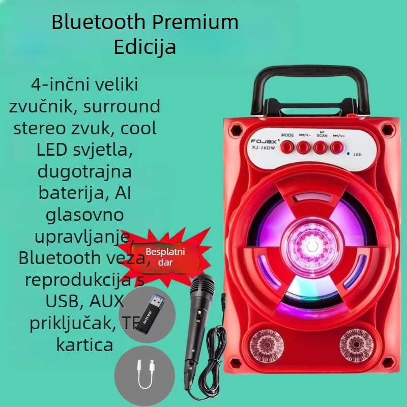 Karaoke Bluetooth zvučnik s mikrofonom, 8.000 pjesama, IPX7 vodootporan, raspon frekvencija 100 Hz–20 kHz, SNR ≥70 dB, bez ugrađene baterije, za vanjsku upotrebu