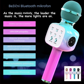 Dječji Bluetooth mikrofon — prijenosni bežični mikrofon za karaoke, ugrađena baterija, Bluetooth 5.3, 100 Hz-20 kHz, trajanje baterije 3-6 h