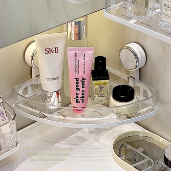 Zidni kutni držač za kupaonicu s vakuumskim pričvršćivanjem za kozmetiku i higijenske potrepštine – 1 etaža, minimalistički dizajn