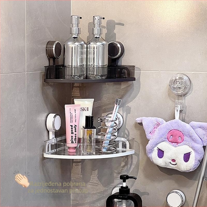 Zidni kutni držač za kupaonicu s vakuumskim pričvršćivanjem za kozmetiku i higijenske potrepštine – 1 etaža, minimalistički dizajn