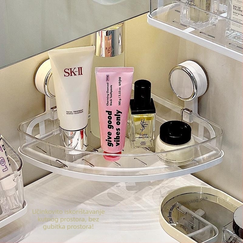 Zidni kutni držač za kupaonicu s vakuumskim pričvršćivanjem za kozmetiku i higijenske potrepštine – 1 etaža, minimalistički dizajn