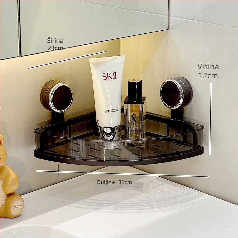 Zidni kutni držač za kupaonicu s vakuumskim pričvršćivanjem za kozmetiku i higijenske potrepštine – 1 etaža, minimalistički dizajn
