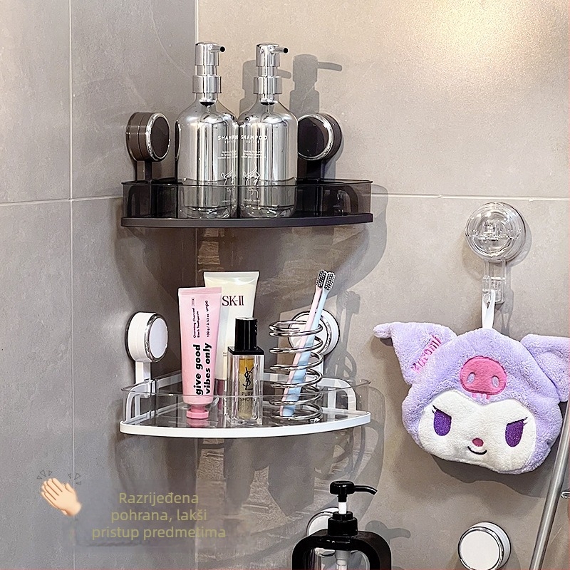 Zidni kutni držač za kupaonicu s vakuumskim pričvršćivanjem za kozmetiku i higijenske potrepštine – 1 etaža, minimalistički dizajn