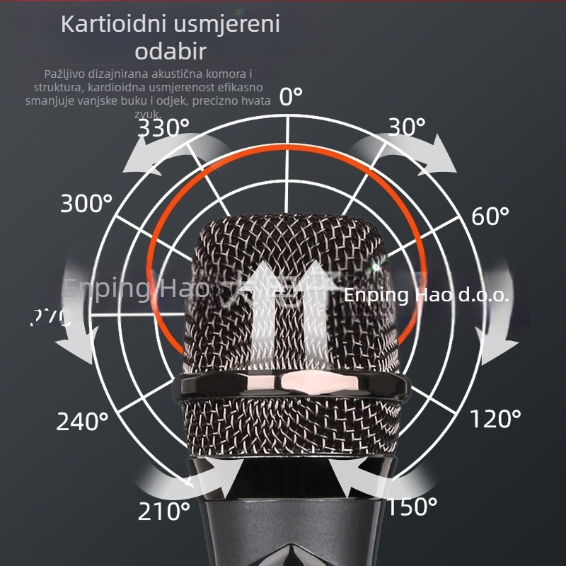 Kablenski ručni dinamički mikrofon za kućnu i scensku upotrebu, model 108; izmjenjiva baterija 800-1000 mAh; trajanje baterije 6-8 sati; frekvencijski odziv 100 Hz-20 kHz