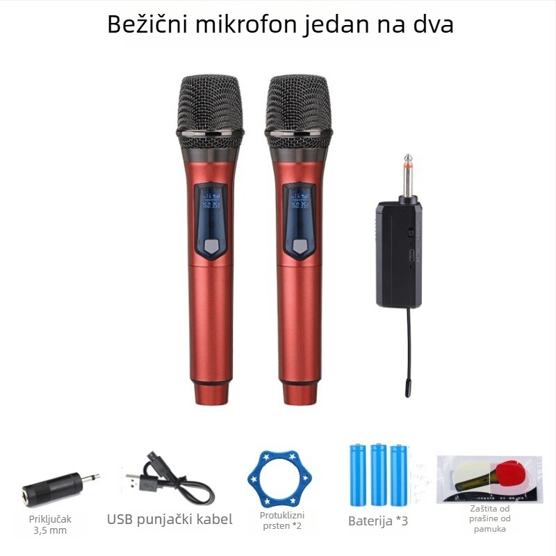 Kablenski ručni dinamički mikrofon za kućnu i scensku upotrebu, model 108; izmjenjiva baterija 800-1000 mAh; trajanje baterije 6-8 sati; frekvencijski odziv 100 Hz-20 kHz