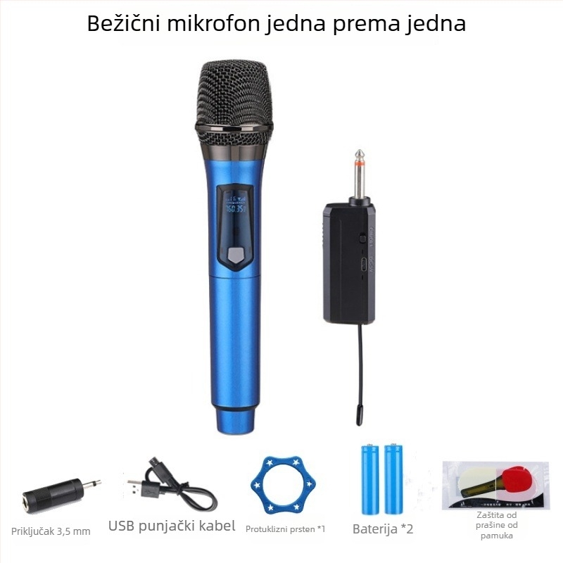 Kablenski ručni dinamički mikrofon za kućnu i scensku upotrebu, model 108; izmjenjiva baterija 800-1000 mAh; trajanje baterije 6-8 sati; frekvencijski odziv 100 Hz-20 kHz