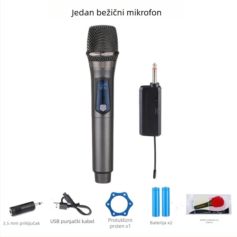 Kablenski ručni dinamički mikrofon za kućnu i scensku upotrebu, model 108; izmjenjiva baterija 800-1000 mAh; trajanje baterije 6-8 sati; frekvencijski odziv 100 Hz-20 kHz
