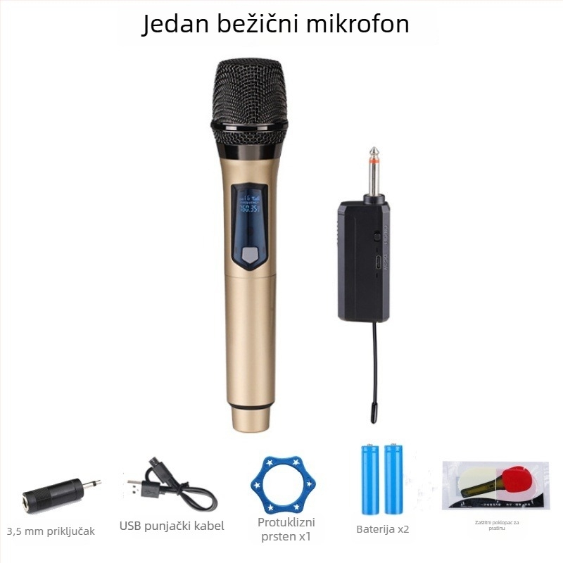 Kablenski ručni dinamički mikrofon za kućnu i scensku upotrebu, model 108; izmjenjiva baterija 800-1000 mAh; trajanje baterije 6-8 sati; frekvencijski odziv 100 Hz-20 kHz