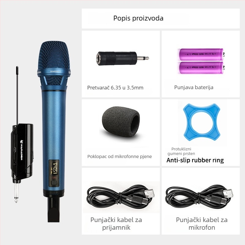 Bežični karaoke mikrofon s prijemnikom, za pozornicu i kućnu upotrebu; zamjenjiva baterija 2000–4000 mAh; SNR ≥95 dB; nazivna snaga 12; trajanje 1–3 h.