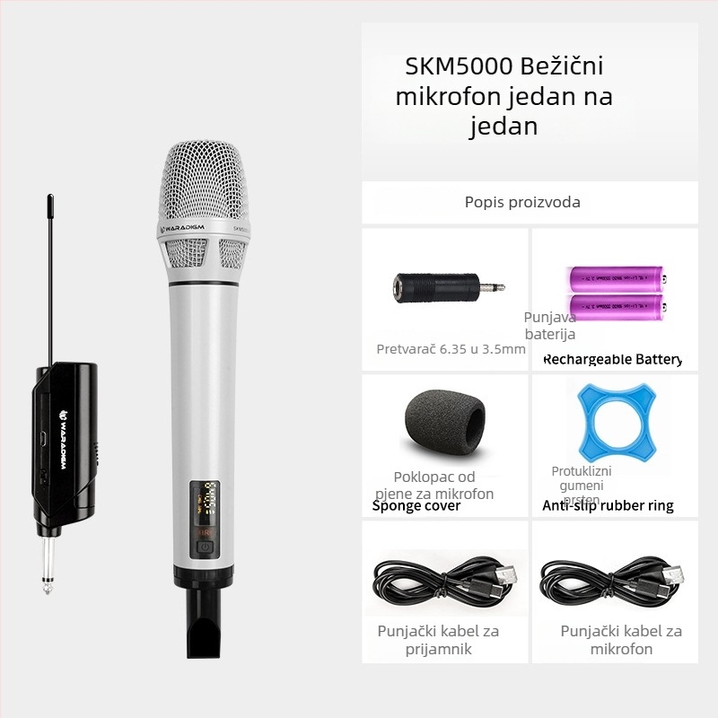 Bežični karaoke mikrofon s prijemnikom, za pozornicu i kućnu upotrebu; zamjenjiva baterija 2000–4000 mAh; SNR ≥95 dB; nazivna snaga 12; trajanje 1–3 h.