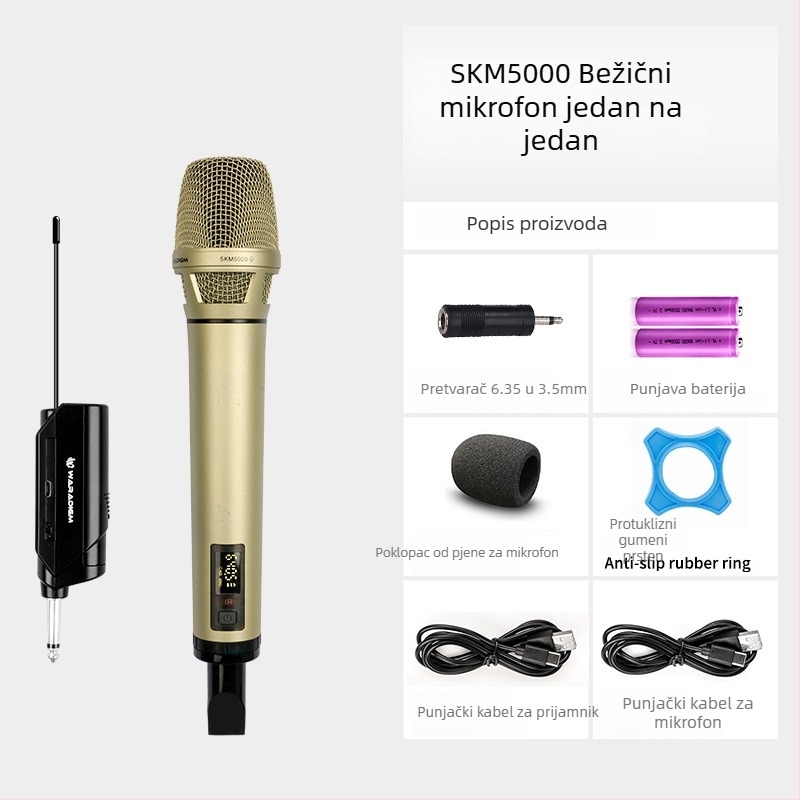 Bežični karaoke mikrofon s prijemnikom, za pozornicu i kućnu upotrebu; zamjenjiva baterija 2000–4000 mAh; SNR ≥95 dB; nazivna snaga 12; trajanje 1–3 h.