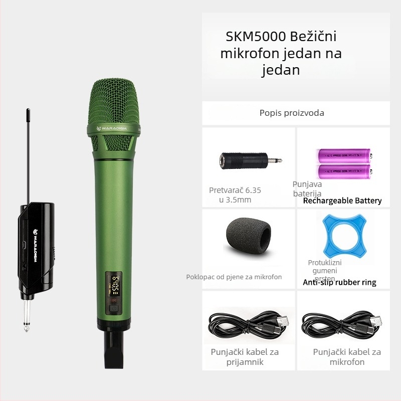Bežični karaoke mikrofon s prijemnikom, za pozornicu i kućnu upotrebu; zamjenjiva baterija 2000–4000 mAh; SNR ≥95 dB; nazivna snaga 12; trajanje 1–3 h.