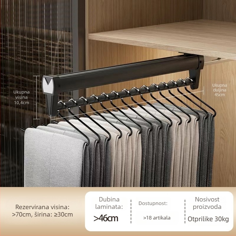 Izvlačnistalak za hlače od aluminijske legure, garderoba, gornja montaža, teleskopska šina, moderni minimalistički stil