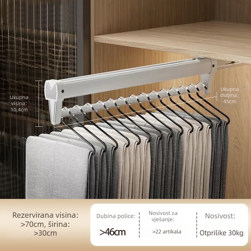 Izvlačnistalak za hlače od aluminijske legure, garderoba, gornja montaža, teleskopska šina, moderni minimalistički stil