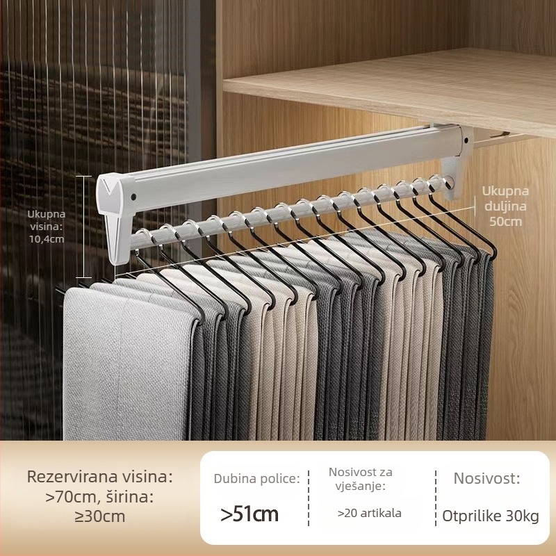 Izvlačnistalak za hlače od aluminijske legure, garderoba, gornja montaža, teleskopska šina, moderni minimalistički stil