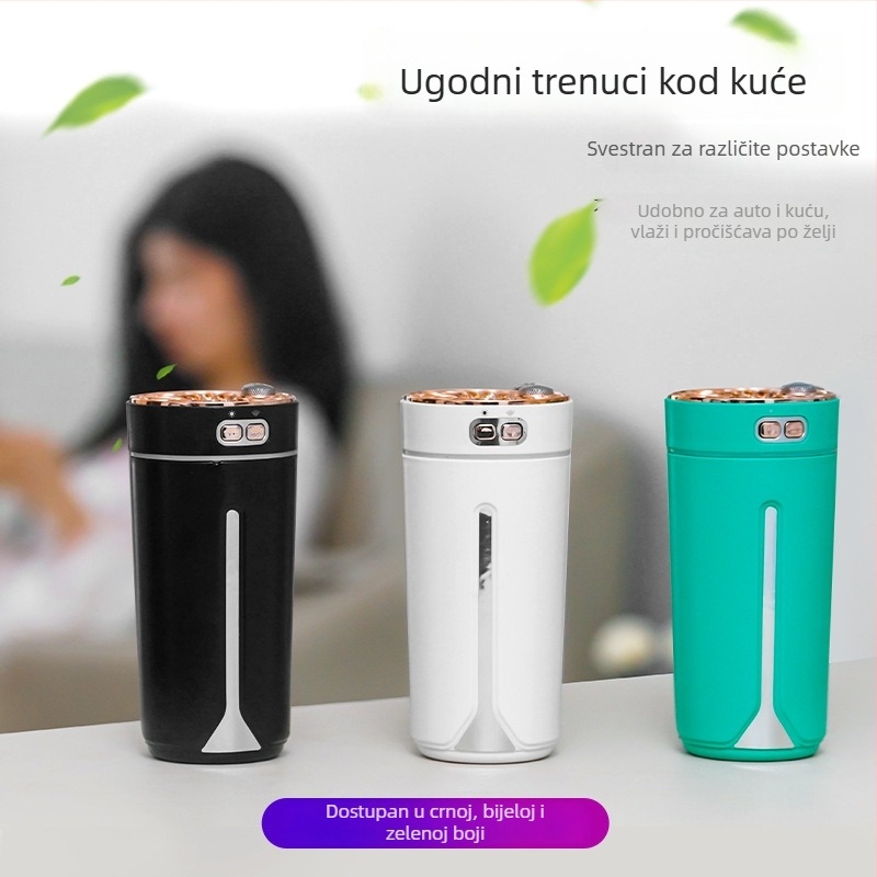 Automobilski ovlaživač i raspršivač mirisa, ABS materijal, napajanje 5V, snaga 2W, univerzalna kompatibilnost, pokrivenost do 10 m²