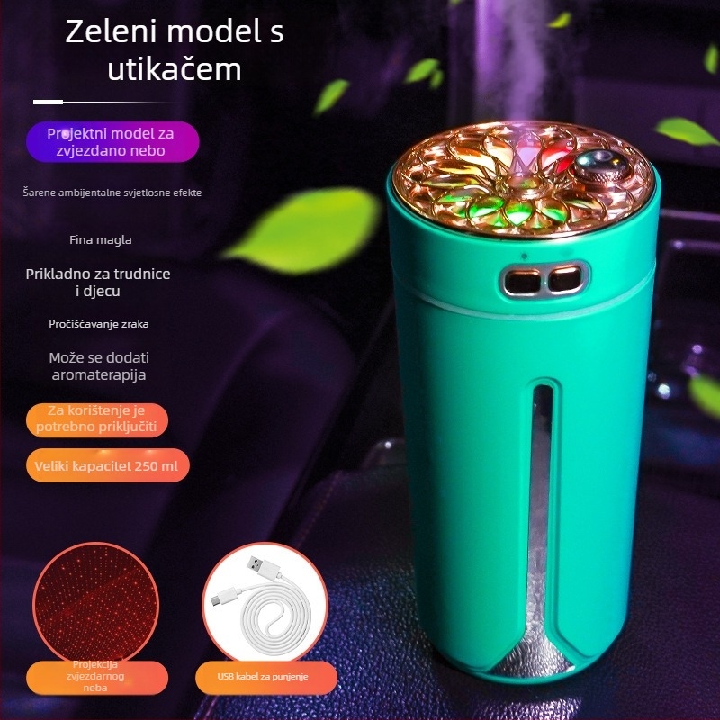 Automobilski ovlaživač i raspršivač mirisa, ABS materijal, napajanje 5V, snaga 2W, univerzalna kompatibilnost, pokrivenost do 10 m²