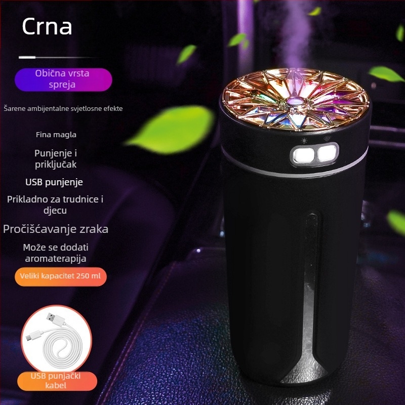 Automobilski ovlaživač i raspršivač mirisa, ABS materijal, napajanje 5V, snaga 2W, univerzalna kompatibilnost, pokrivenost do 10 m²