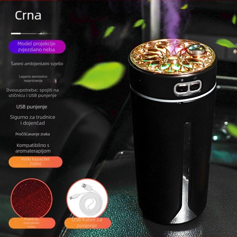 Automobilski ovlaživač i raspršivač mirisa, ABS materijal, napajanje 5V, snaga 2W, univerzalna kompatibilnost, pokrivenost do 10 m²