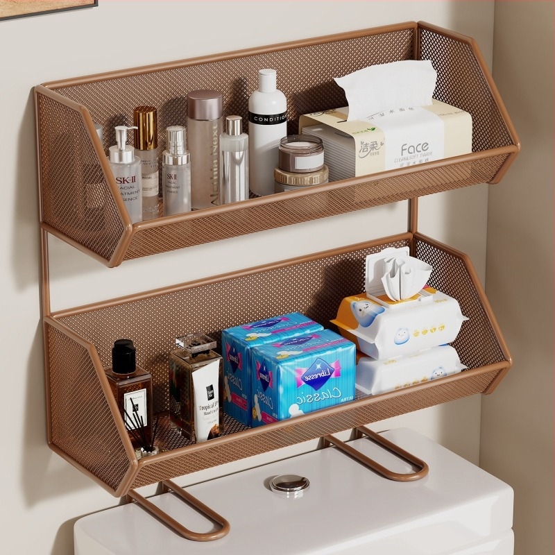 Zidni skladišni rega za kupaonicu, od željeza, premaz pečene boje, 2 razine, nosivost 5–10 kg, bez bušenja