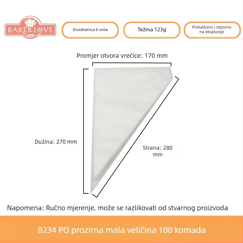 Jednokratna vrećica za ukrašavanje pečenja - PVE materijal; pogodno za ukrašavanje torti kremom i druge dekoracije; moderni jednostavan stil; licencirana privatna oznaka