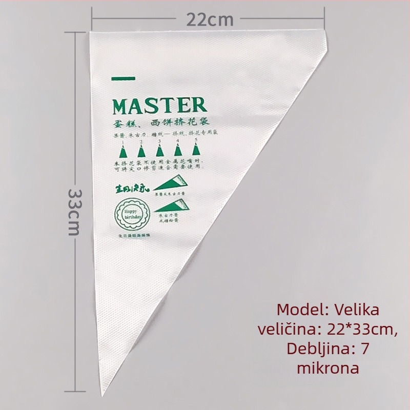 Jednokratna vrećica za ukrašavanje kolača, prozirna trokutasta, debele, prehrambene PE materijala, 100 komada u pakiranju