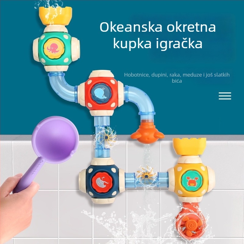 Dječja igračka za kupanje: okretni tuš, modularni sustav cijevi i vodeni kotač; od plastike; za djecu 4–6 godina