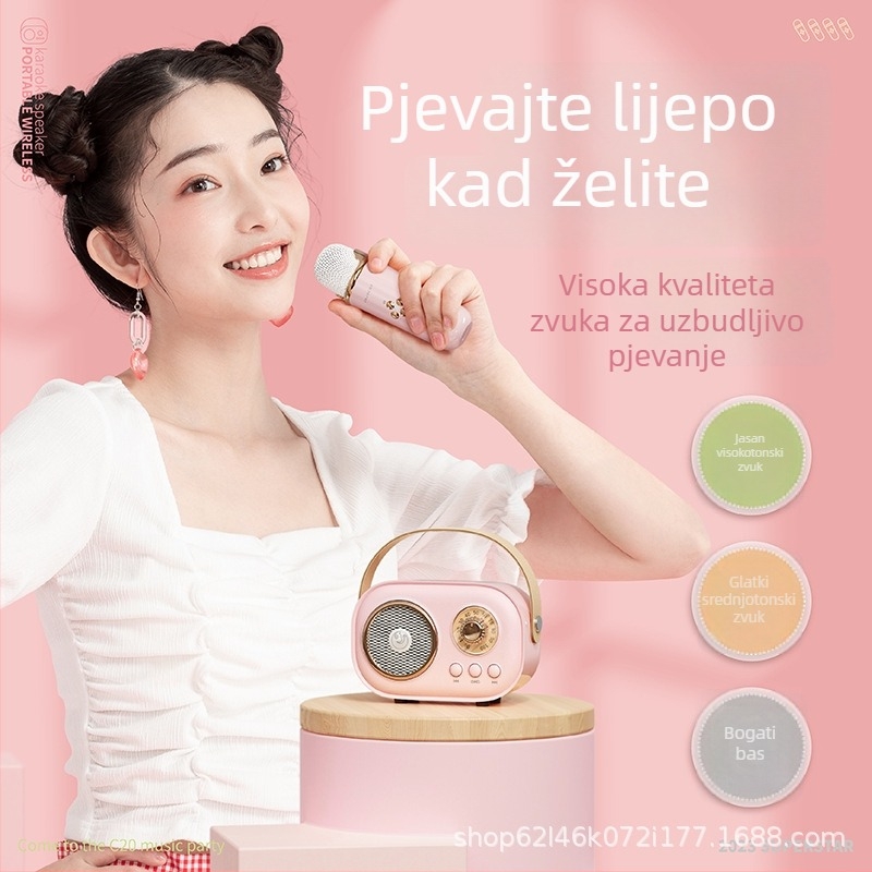 C20Plus Mikrofonski Bluetooth zvučnik za karaoke – Ugrađena baterija 1000–1200mAh, Bluetooth 5.1, 8W, raspon frekvencija 100Hz–20kHz, doseg 10m