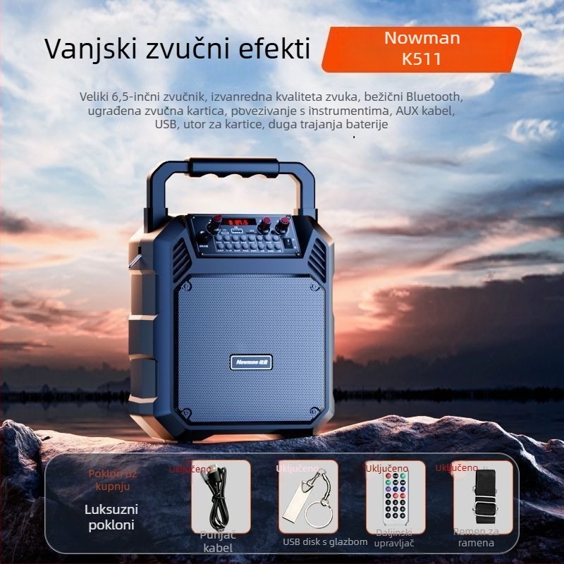 Bluetooth prijenosni zvučnik za dom i vani, bežično Bluetooth/USB/3,5 mm povezivanje, IPX4 vodootpornost, ugrađena baterija 1200–2000 mAh, frekvencijski raspon 40 Hz–20 kHz, SNR ≥100 dB