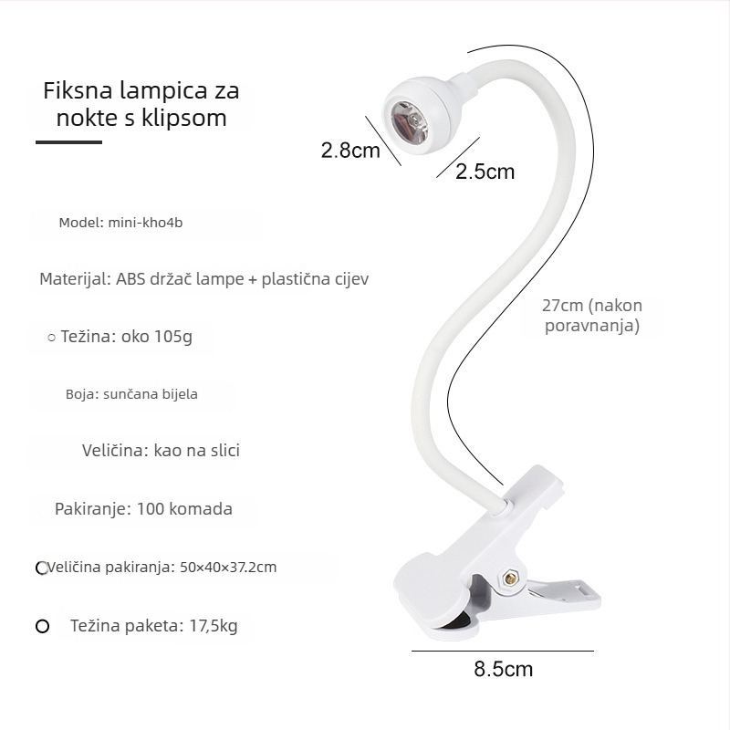 Stolna lampa za nokte s podesivim kutem, 3W visokoučinkovita UV lampa za sušenje gel lakova, s klipom