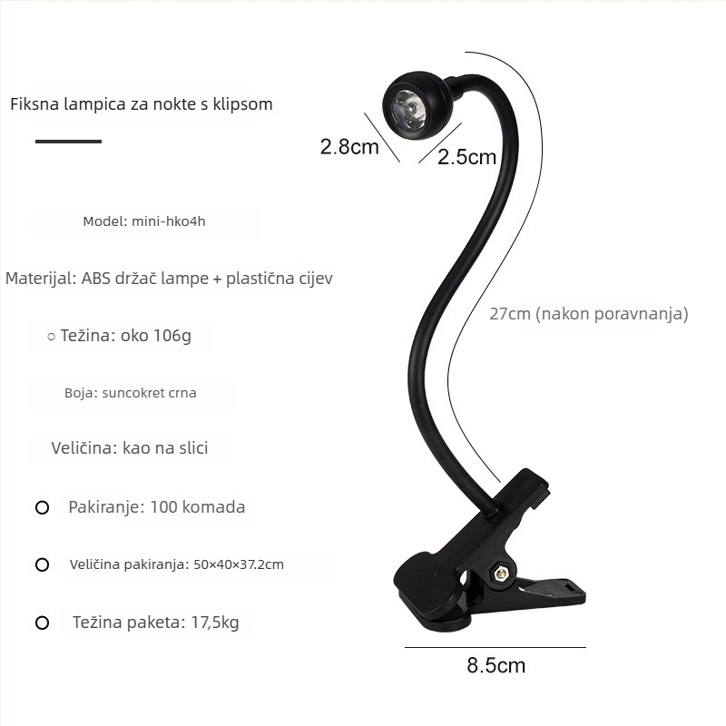Stolna lampa za nokte s podesivim kutem, 3W visokoučinkovita UV lampa za sušenje gel lakova, s klipom