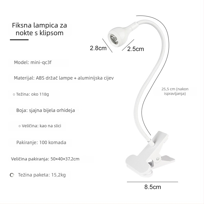 Stolna lampa za nokte s podesivim kutem, 3W visokoučinkovita UV lampa za sušenje gel lakova, s klipom