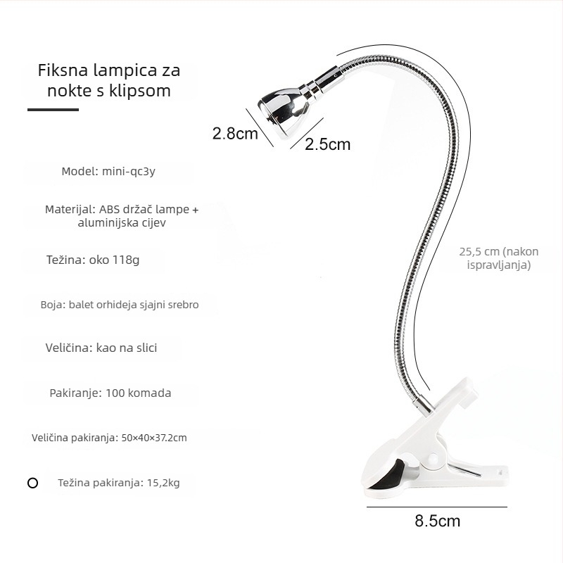 Stolna lampa za nokte s podesivim kutem, 3W visokoučinkovita UV lampa za sušenje gel lakova, s klipom