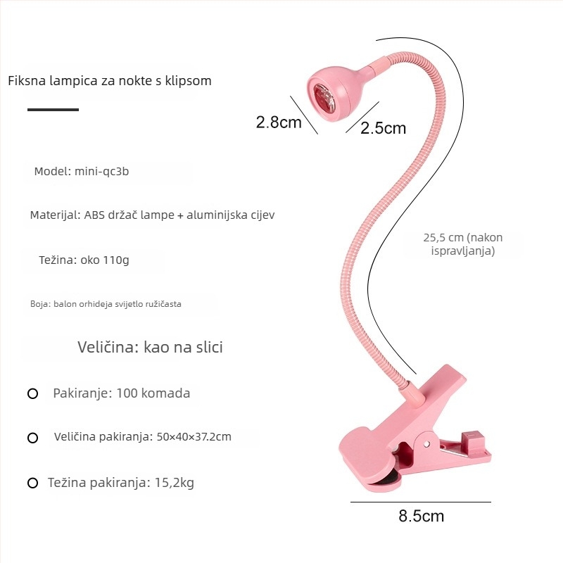 Stolna lampa za nokte s podesivim kutem, 3W visokoučinkovita UV lampa za sušenje gel lakova, s klipom
