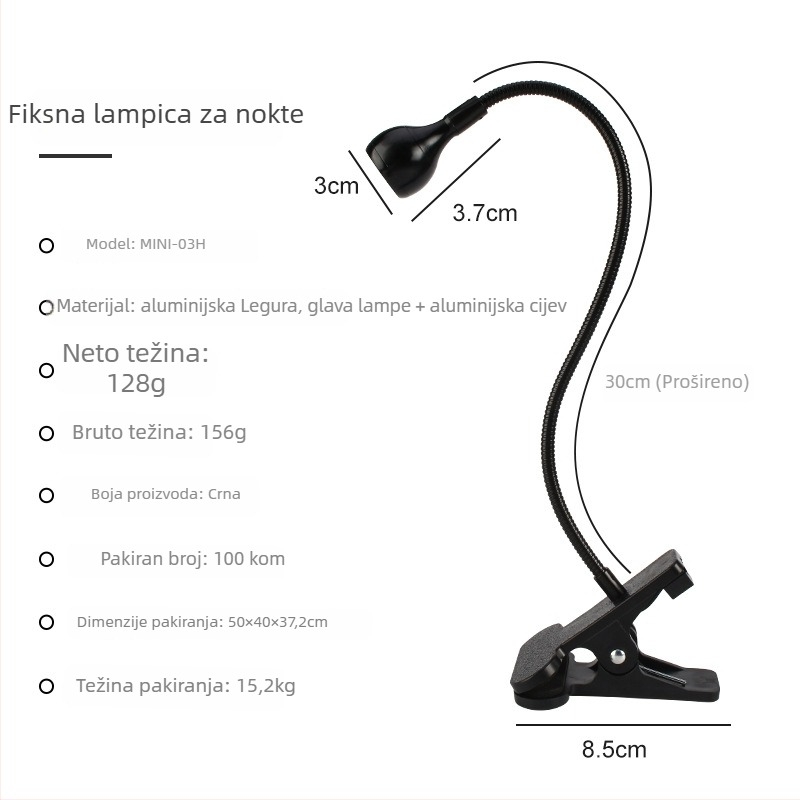 Stolna lampa za nokte s podesivim kutem, 3W visokoučinkovita UV lampa za sušenje gel lakova, s klipom