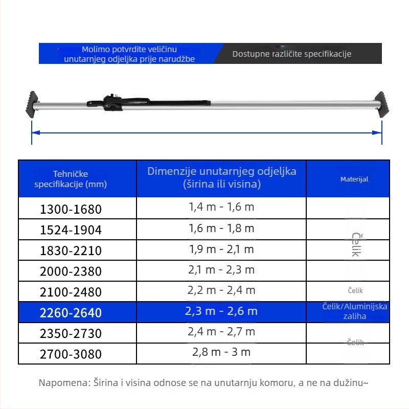 Izvlačna nosiva šipka za teretna vozila, galvanizirano čeliku, model Steel 1300-168, raspon primjene 1300-3080, serija Cargo Bar
