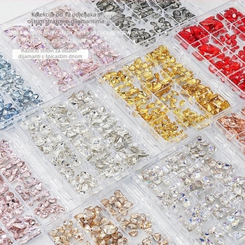 Set rhinestona za nokte – paket sa 12 odjeljaka, oblici: srce, leptir, kvadrat i osmerokut; minimalistički stil; materijal: rhinestones