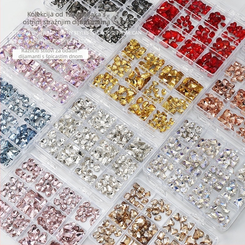 Set rhinestona za nokte – paket sa 12 odjeljaka, oblici: srce, leptir, kvadrat i osmerokut; minimalistički stil; materijal: rhinestones