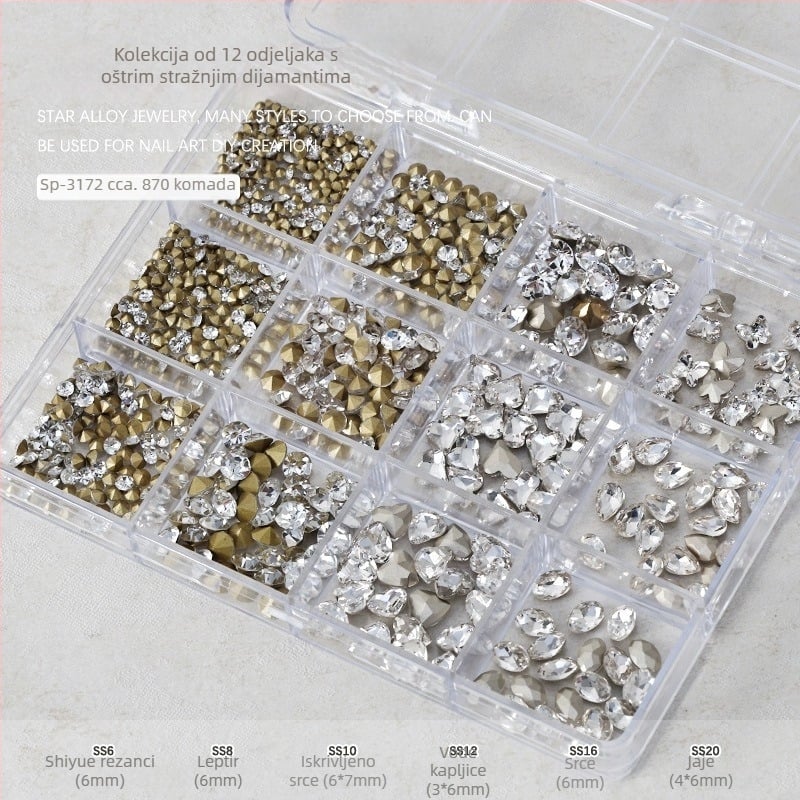Set rhinestona za nokte – paket sa 12 odjeljaka, oblici: srce, leptir, kvadrat i osmerokut; minimalistički stil; materijal: rhinestones