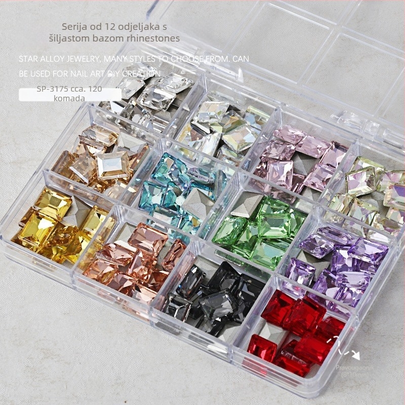 Set rhinestona za nokte – paket sa 12 odjeljaka, oblici: srce, leptir, kvadrat i osmerokut; minimalistički stil; materijal: rhinestones